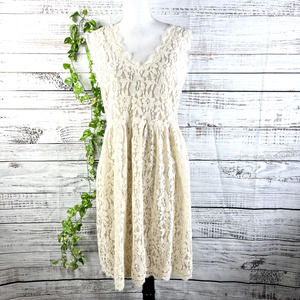 Greylin Dress sz Large Ivory Cream Gold Lace Stretch Wedding Bride Cocktail Knee